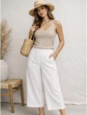 LOFT White Linen Blend Wide Leg Crop Pants S Beachy Coastal Summer Minimalist